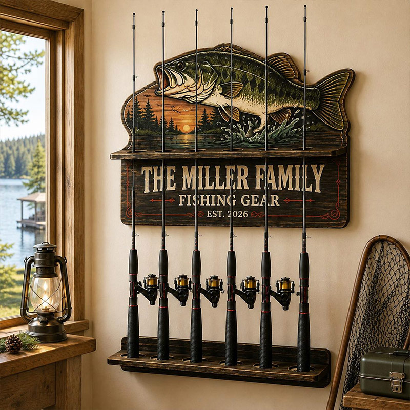 Personalized Bass Fishing Rod Holder Fishing Pole Rack Custom Fishing Gear Organizer Fisherman Gift for Dad Garage Cabin Wall Storage