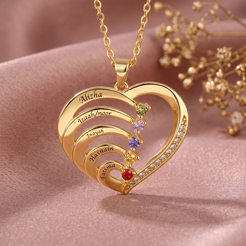 Personalized Family Heart Pendant Sterling Silver Necklace with 1-6 Engraved Names and Birthstones Mother's Day Birthday Gift for Mom Grandma