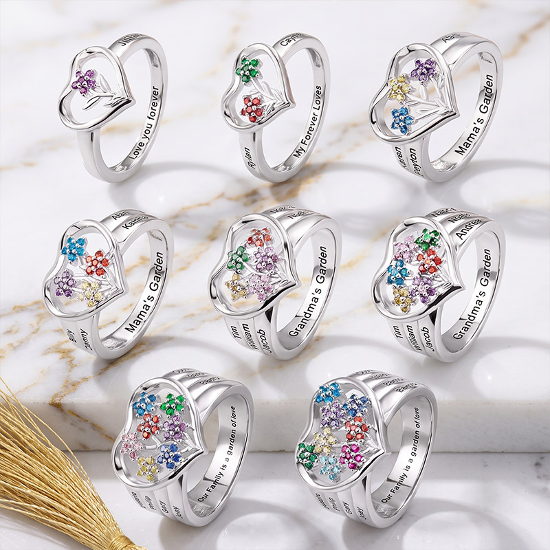 Personalized Grandma's Garden Birthstone Flower Family Ring with Engraved Names Birthday Mother's Day Gift for Grandma Mom