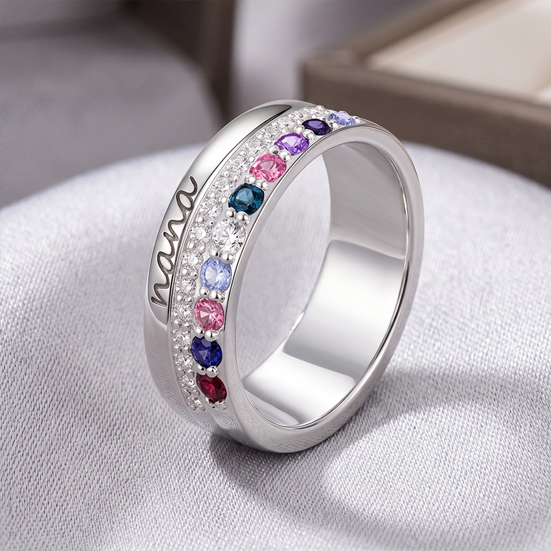 Personalized Family Zircon Ring with 1-10 Birthstones and Engraved Text Women Jewelry Birthday Mother's Day Gift for Mom Grandma