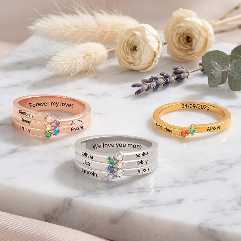 Personalized 1-8 Birthstones Ring with Engraved Name Dainty Women Jewelry Birthday Mother's Day Gift for Mom Grandma