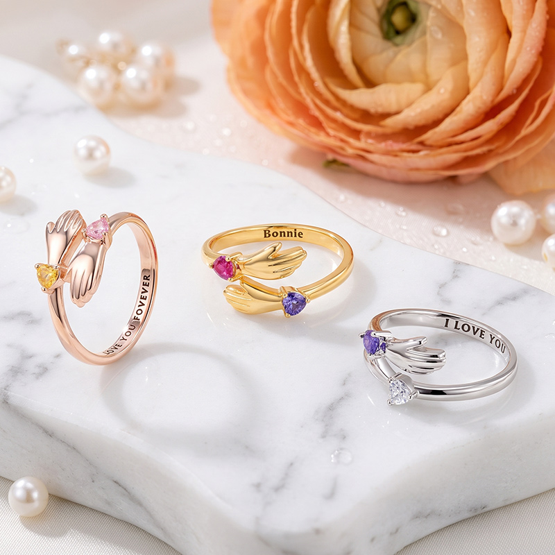 Personalized Dainty Heart Birthstone Hug Ring with Engraved Text Minimalist Jewelry Mother's Day Birthday Gift for Women