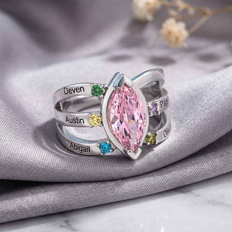 Personalized Dainty Birthstone Ring with Engraved Name Women Jewelry Birthday Mother's Day Gift for Mom Grandma