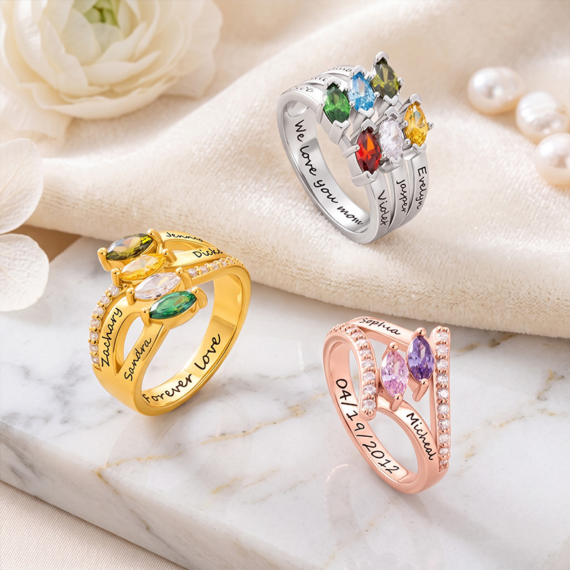 Personalized 1-6 Marquise Family Birthstones Sterling Silver Ring with Engraved Name and Text Birthday Anniversary Gift for Women