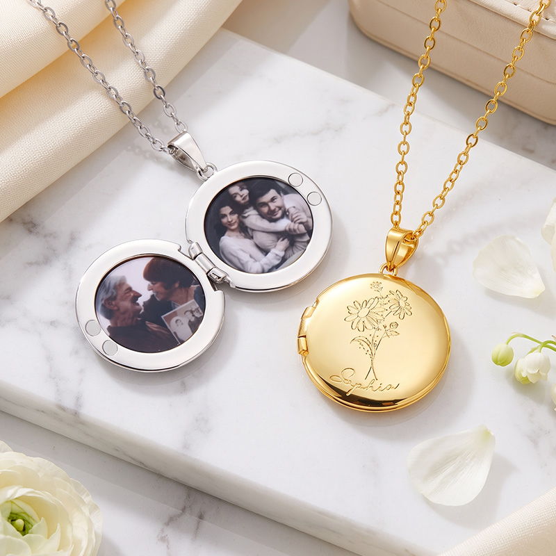 Personalized Birth Flower Photo Locket Necklace with Engraved Name Birthday Anniversary Gift for Women Mom Grandma Gift