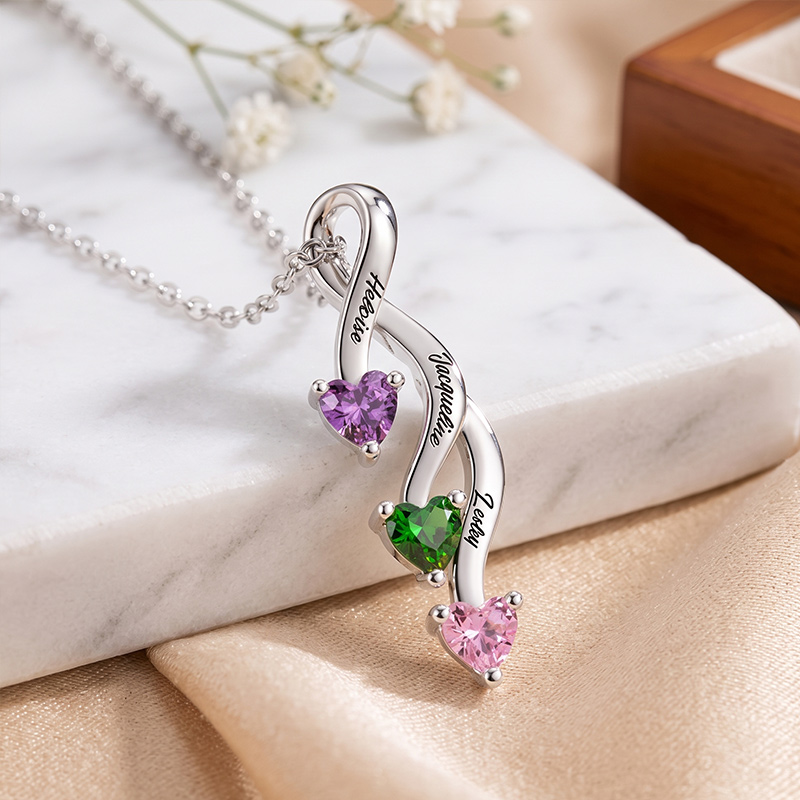 Personalized Minimalist Family 2-8 Heart Shaped Birthstones Necklace with Engraved Names Mother's Day Birthday Gift for Women Mom Grandma