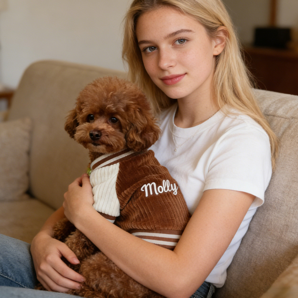 Personalized Dog Varsity Jacket Corduroy Custom Name Pet Sweater Cozy Puppy Coat Fall Winter Apparel Gift