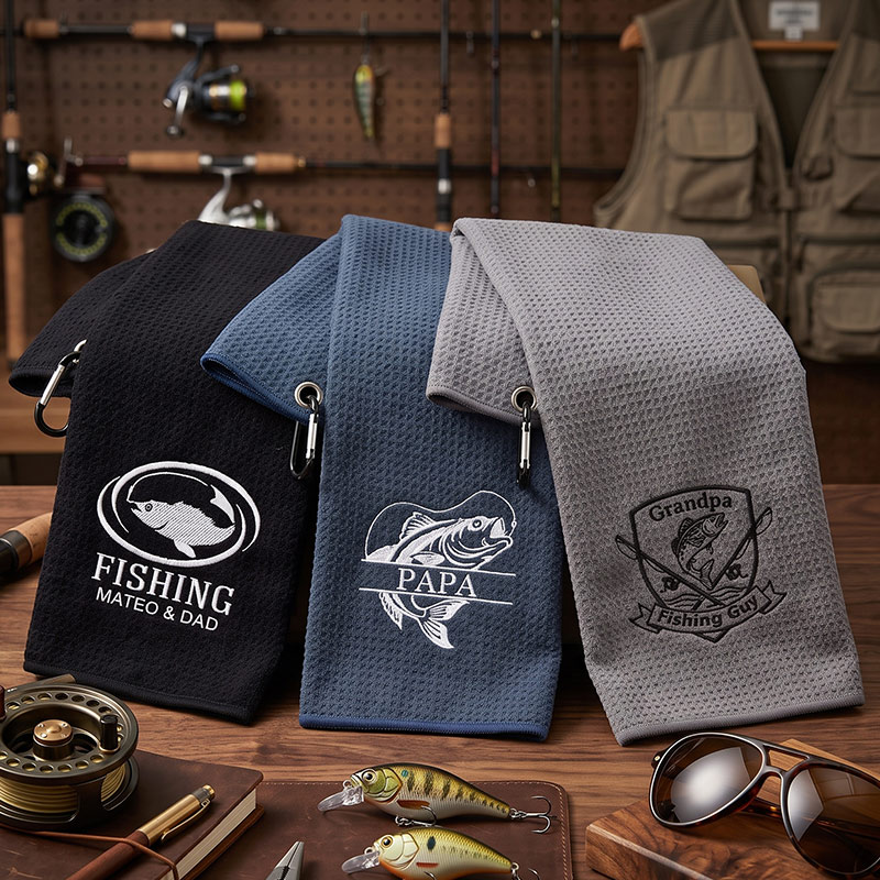 Personalized Dad Fishing Waffle Towel Monogram Embroidery Waffle Towel with Name and Hanging Clip Birthday Gift for Dad Grandpa Fishing Enthusiasts