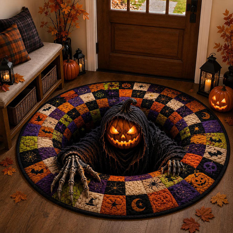 Personalized Quilted Round Halloween Rug Custom Family Name Pumpkin Reaper Rug Spooky Patchwork Decor Gothic Horror Doormat Halloween Gift