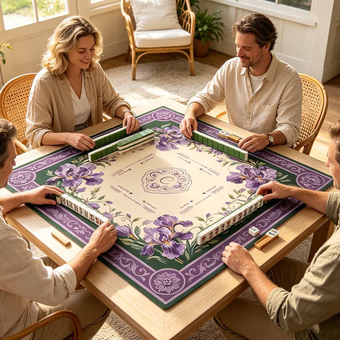 Vintage Purple Iris Mahjong Table Mat Charleston Rules Print