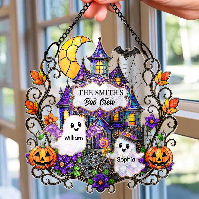 Personalized Halloween Window Hanging Suncatcher Ornament Haunted Family Home Sweet Home Boo Crew Halloween Gift for Grandma Family Halloween Gift