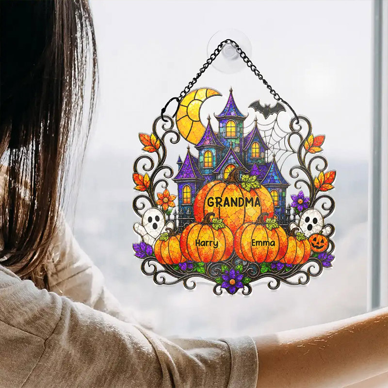 Personalized Halloween Window Hanging Suncatcher Ornament Haunted Family Home Sweet Home Halloween Gift for Grandma