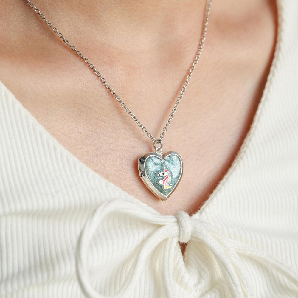Personalized Rainbow Horse Heart Locket Necklace Cute Magic Themed Jewelry For Girls Keepsake Photo Pendant Gift Fairy Design