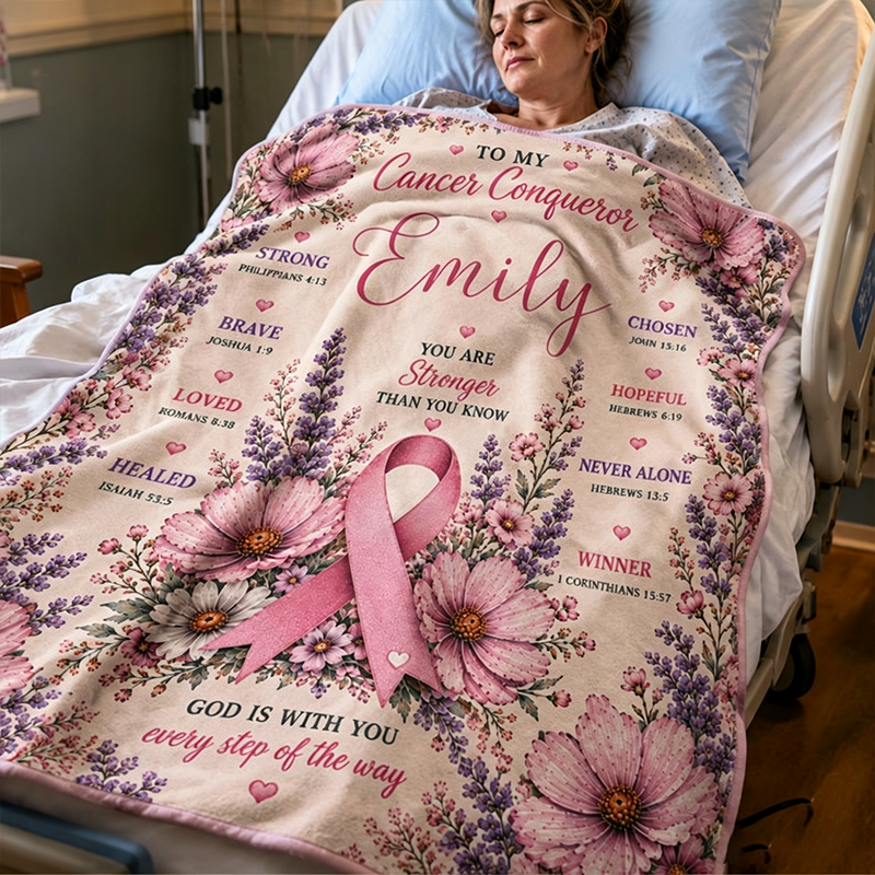 Personalized Cancer Warrior Blanket, Breast Cancer Gift for Women, Chemo Blanket, Christian Cancer Blanket, Pink Ribbon Minky Sherpa Plush