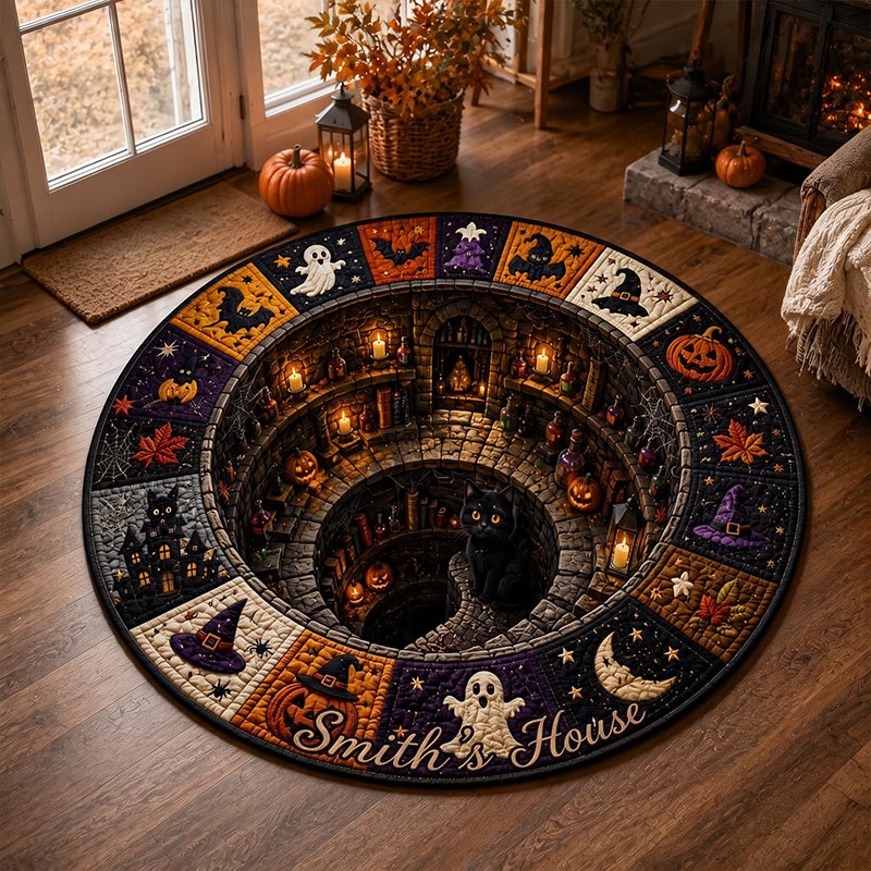 Personalized Family Halloween Round Quilted Rug 3D Witch Dungeon Illusion Rug Black Cat Halloween Rug Spooky Witchy Floor Mat Halloween Home Decor