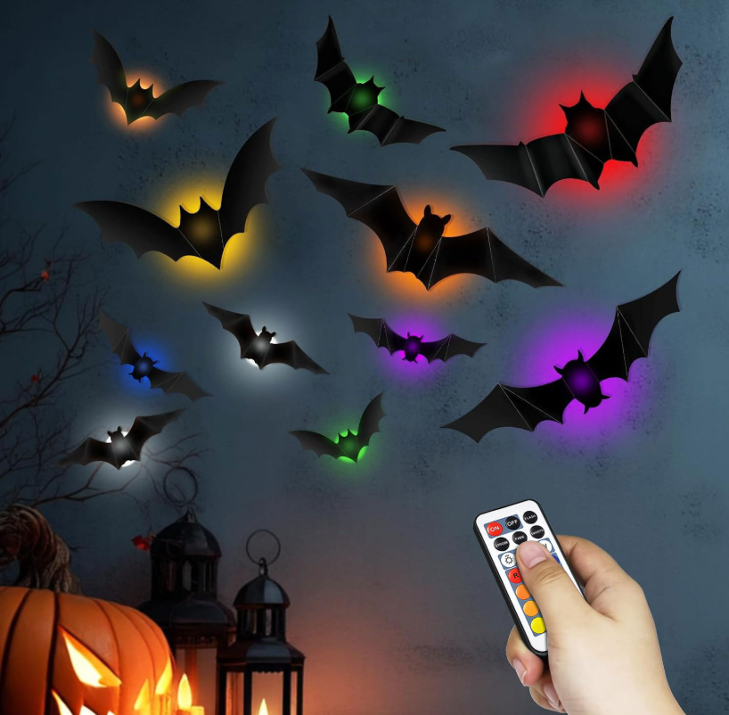Halloween LED Light Bat Wall Stickers 48Pcs 3D Black Bats + 12 Color‑Changing Night Lights, Spooky DIY Wall Decor for Home Window Porch Halloween Party Decoration