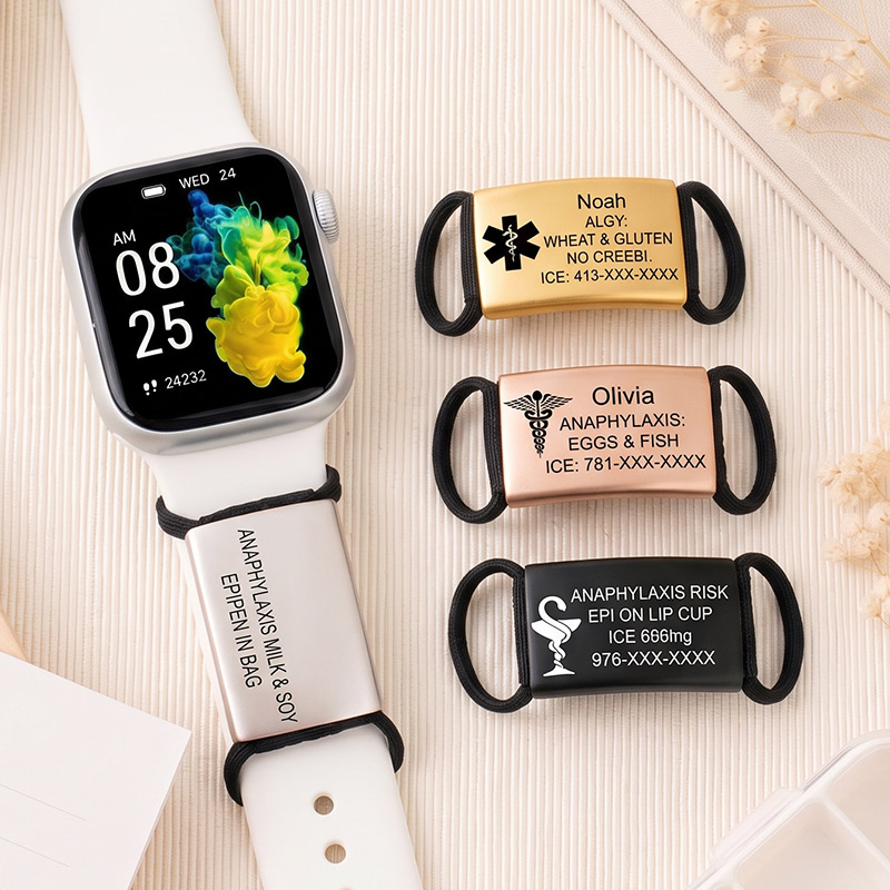 Personalized Medical Alert Watch Band Tag Custom Engraved Allergy & Emergency Info ID Steel Charm for Apple Fitbit Garmin Watch Bands