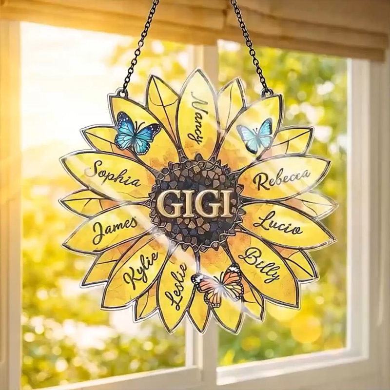 Personalized Sunflower Suncatcher Custom Family Names Stained Acrylic Window Art Gift for Mom Grandma Family