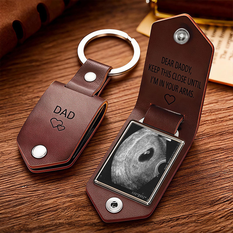 Personalized Engraved Leather Keychain with Photo Custom Daddy Keyring Drive Safe Gift for Dad Fathers Day Gift from Kids Anniversary Gift