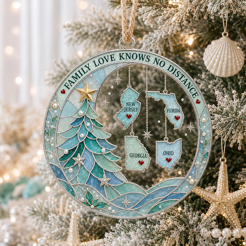 Personalized Long Distance Family Christmas Ornament Custom State Ornament Family Love Knows No Distance 2D Flat Keepsake