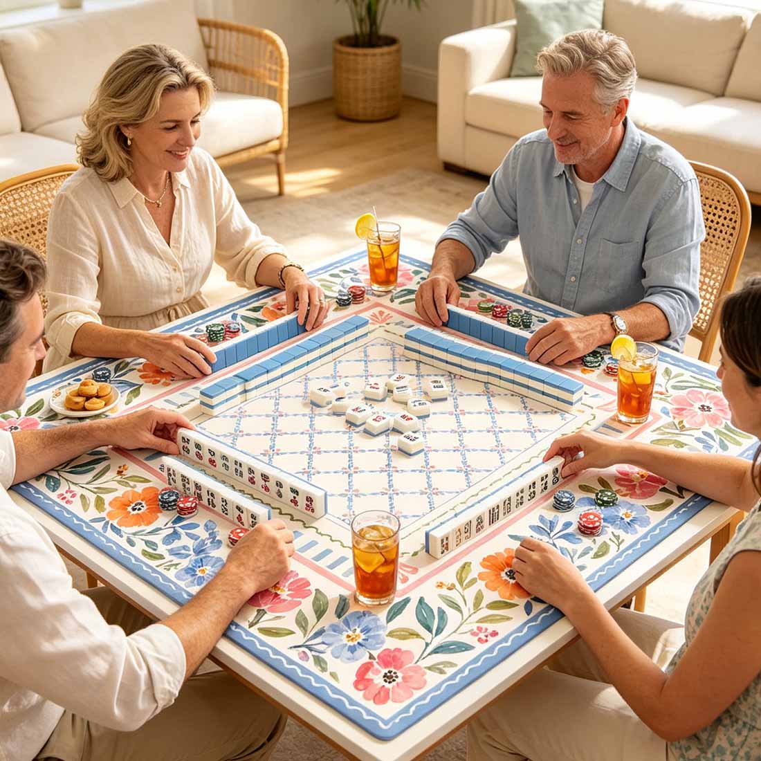 Watercolor Floral Garden Mahjong Mat American Mahjong Mat Blue Pink Botanical Lattice Preppy Grandmillennial