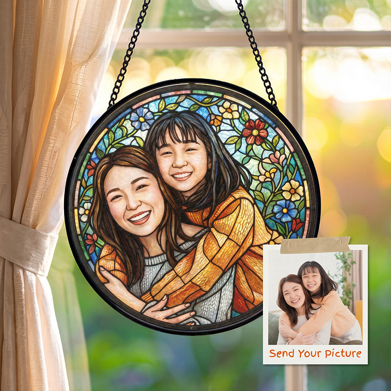 Persnalized Sun Catcher Mom Daughter Gift Custom Floral Stained Glass Portrait Photo Window Art