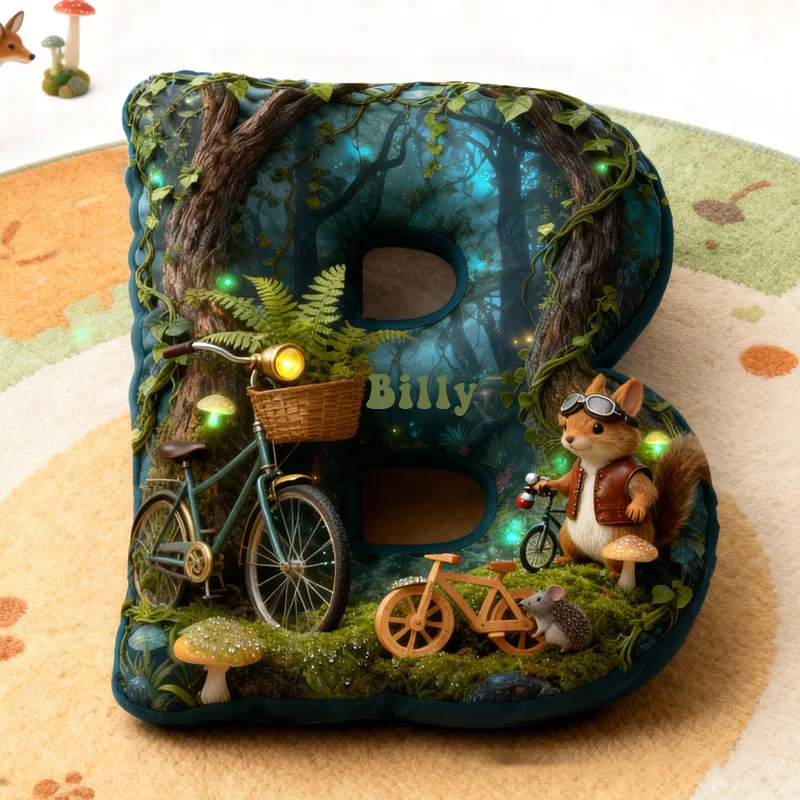Personalized Forest Squirrel Bicycle Adventure Letter Pillow Custom Name Festive Decor with Bicycle Adventure Gifts for Family Graphic 3D Print Cycling Riding Lovers
