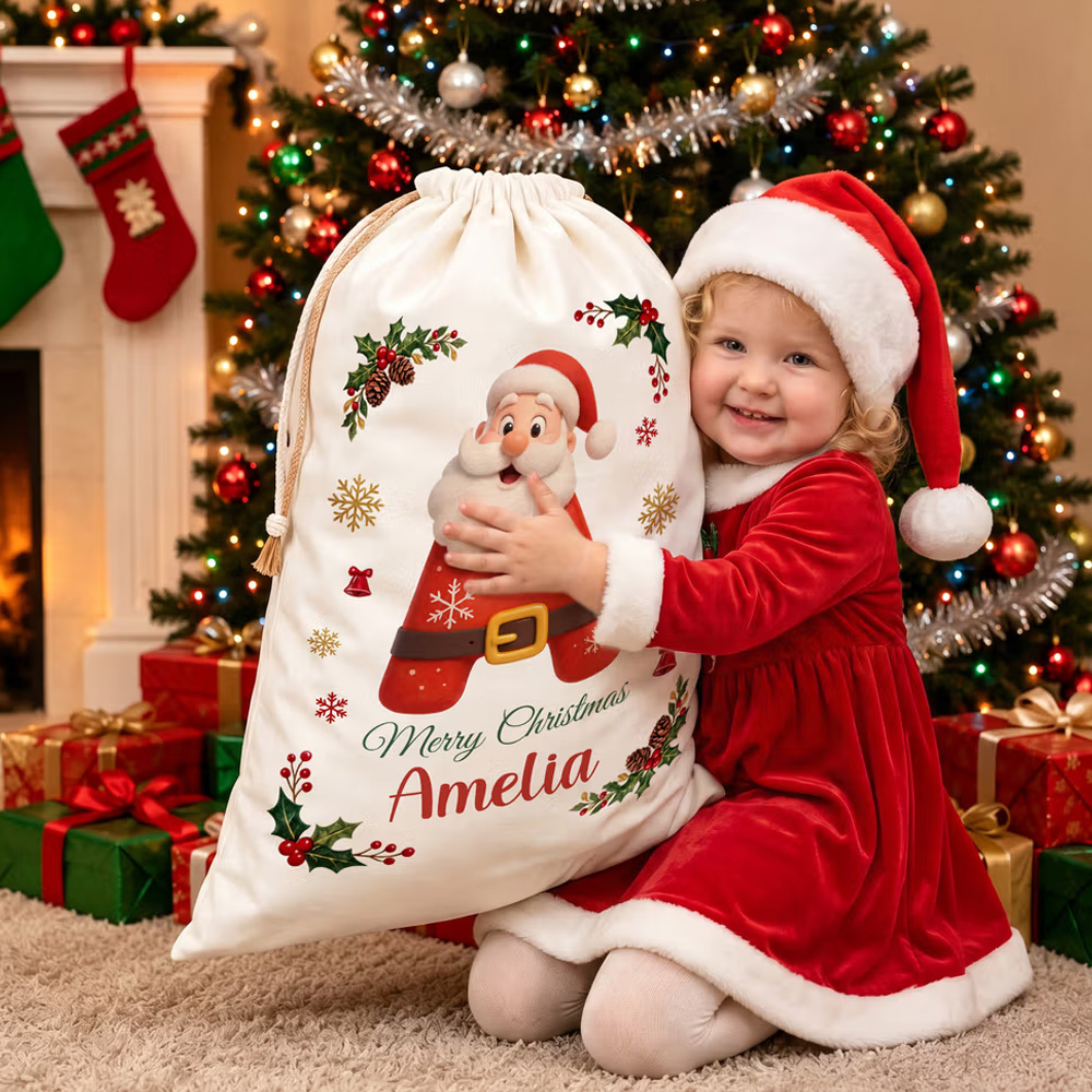 Personalized Merry Christmas Santa Claus Canvas Drawstring Gift Bag with Name and Initial Christmas Eve Gift for Kids