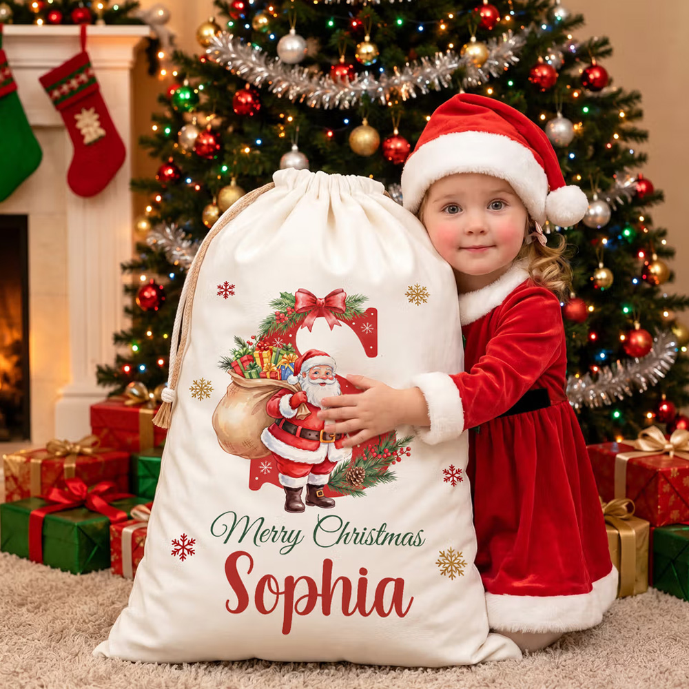 Personalized Merry Christmas Santa Claus Canvas Drawstring Gift Bag with Name and Initial Christmas Eve Party Gift for Kids