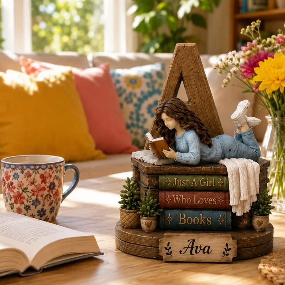 Personalized Book Lover Letter Decor Girl Reading On Chair Custom Name Initial Monogram Gift For Readers Bedroom Desk Shelf Home Ornament