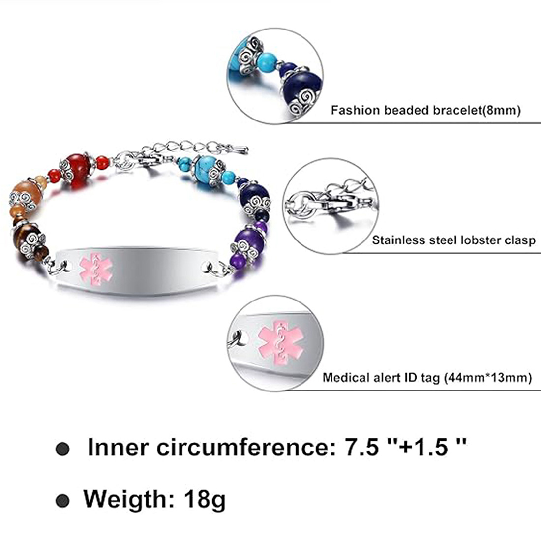 Personalized Colored Chalcedony Medical Emergency Alert ID Beaded Bracelet  Emergency Jewelry Care Gift for Breast Cancer Woman