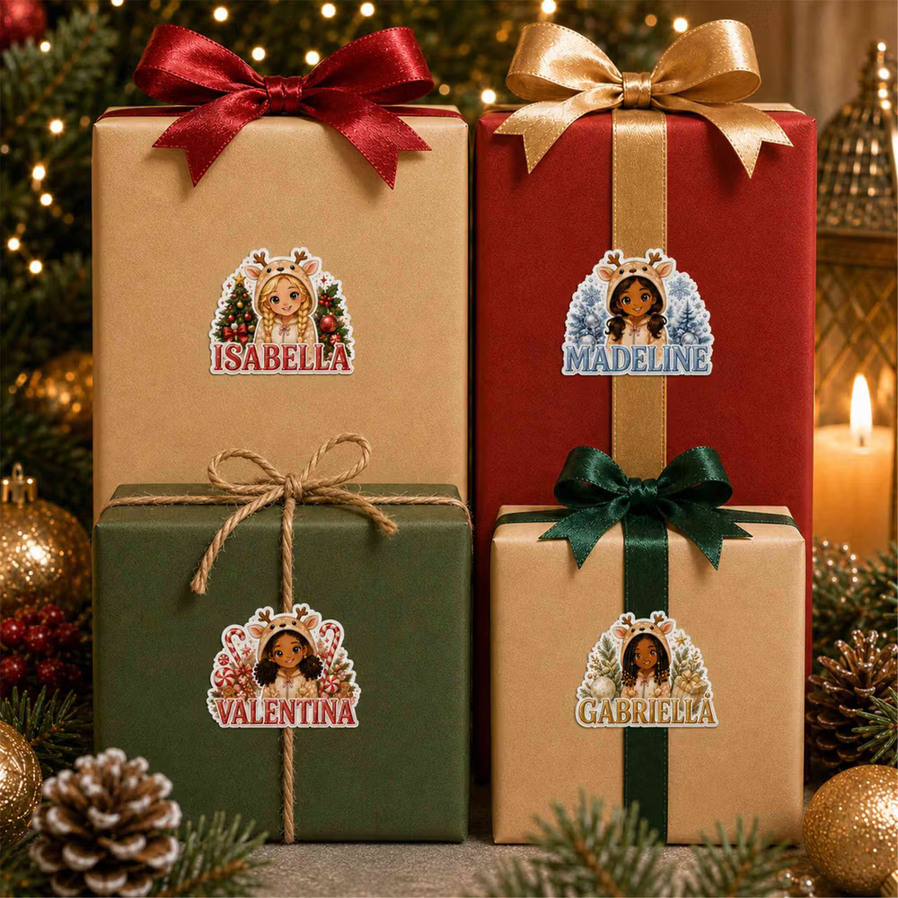 Personalized Reindeer Girl Christmas-Themed Gift Labels with Name, Waterproof Stickers for Gift Decor, Party Favors Christmas Gifts for Her Family