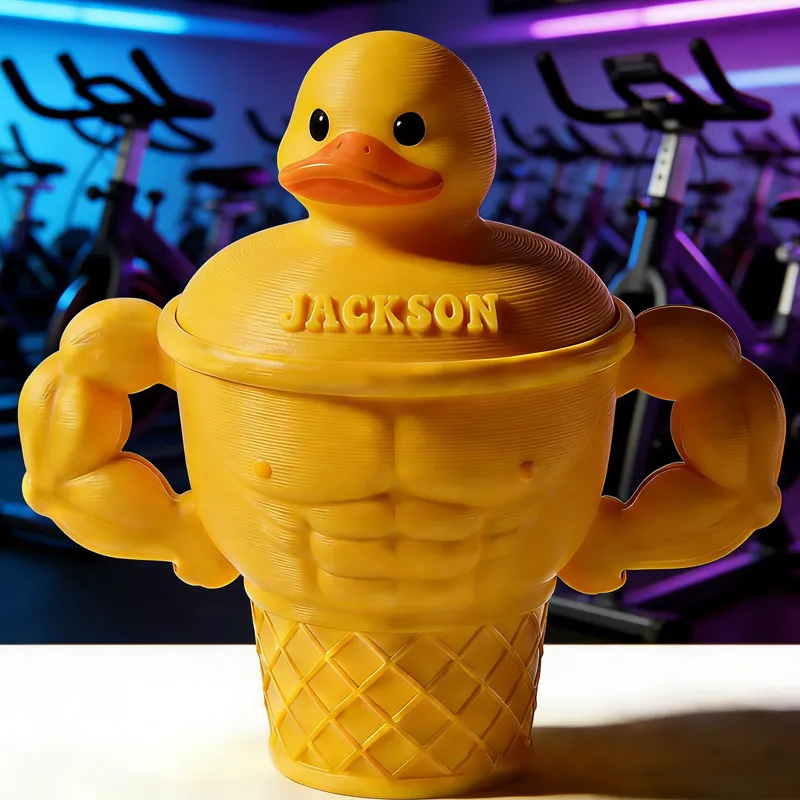 Personalized Funny Muscle Arm Duck Ice Cream Pint Holder 3D Printed Cozy with Spoon Slot Fitness Inspired Cozie Gym Gift Fuzzy Texture for Gym Lover
