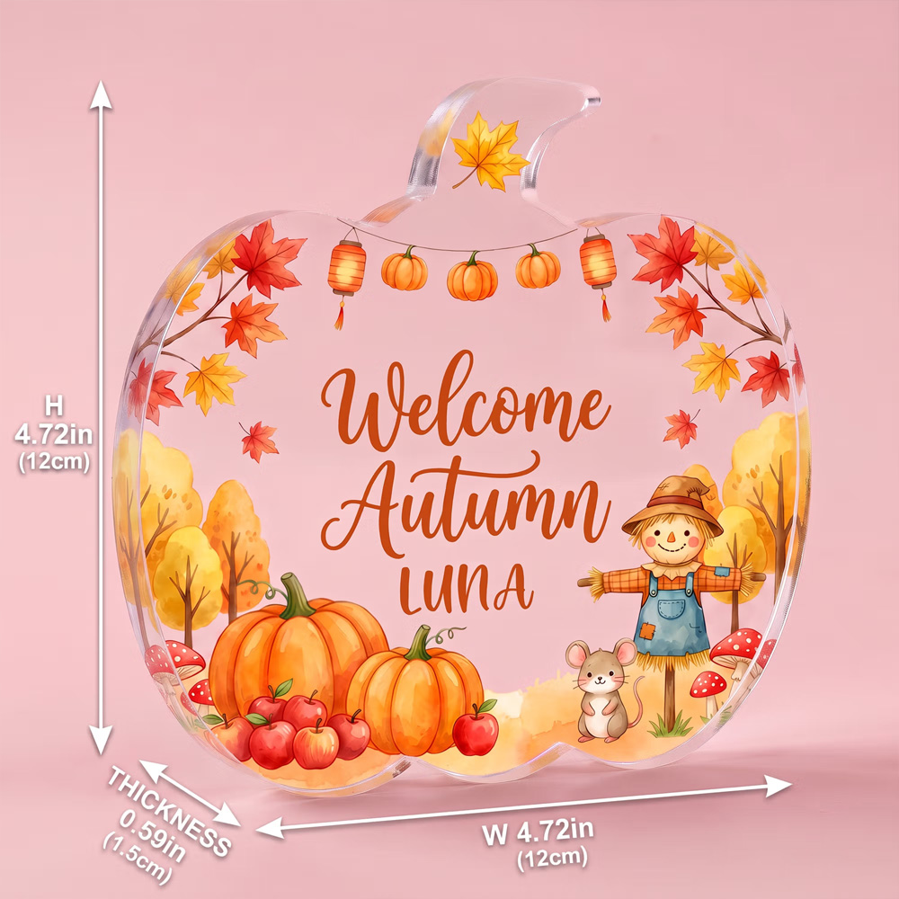 Personalized Name Welcome Autumn Cartoon Animals Pumpkin Shaped Acrylic Plaque Freestanding Fall Decoration Thanksgiving Day Birthday Gift for Kids