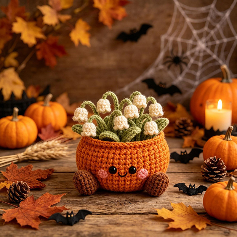 Personalized Handmade Crochet Pumpkin Flower Pot Cute Fall Desk & Tiered Tray Decor Halloween and Harvest Festival Gift for Coworker Friend Family