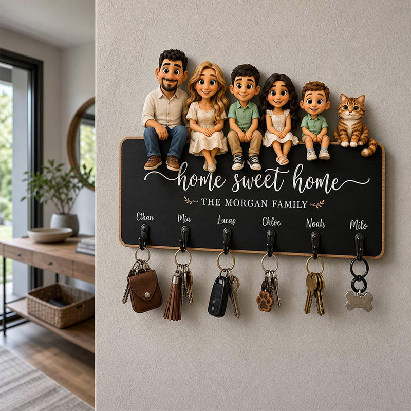 Personalized Family Photo And Name Wood Key Holder Custom New Home Wall Key Hooks Housewaming Gift for Family