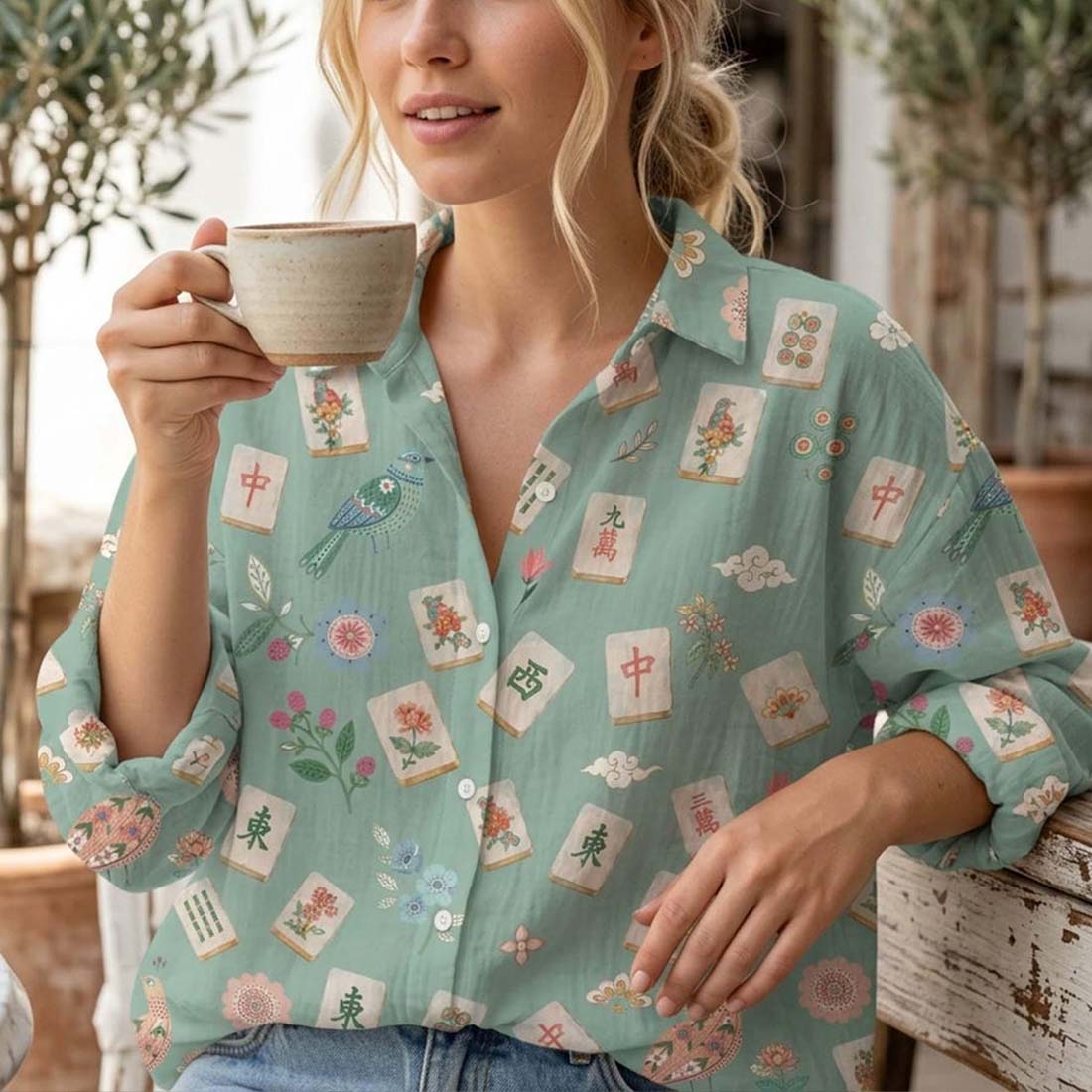 Retro Mahjong Women Blouse Shirt Chinoiserie Floral Pattern Button Down Asian Art Long Sleeve Shirt