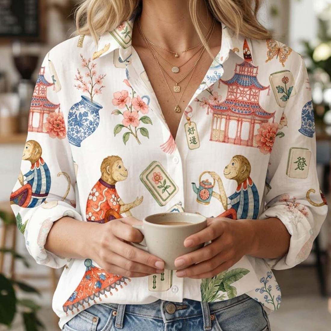 Preppy Chinoiserie Mahjong Blouse Shirt Lucky Monkey Mahjong Shirt Pink Pagoda Women Linen Shirt