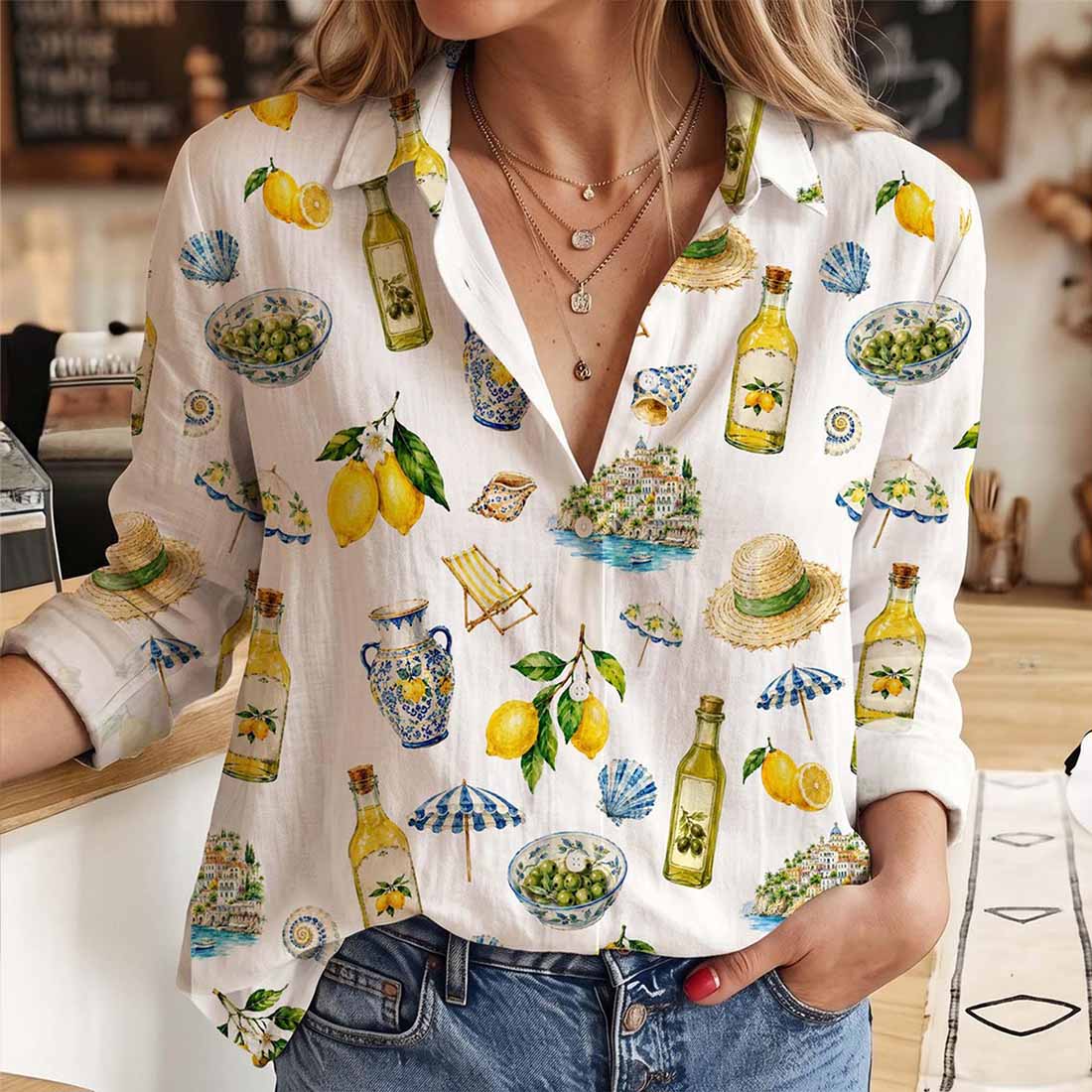 Italian Lemon Olive Women Blouse Shirt Italian Summer Lemon Button Down Shirt Italy Vacation Trip Shirt