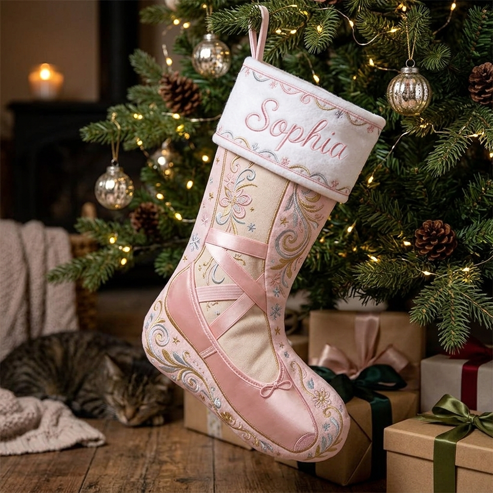 Personalized Ballet Christmas Stocking Custom Name Pink Ballerina Shoe Holiday Sock For Girls Kids Nursery Fireplace Mantel Decor