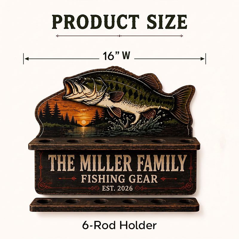 Personalized Bass Fishing Rod Holder Fishing Pole Rack Custom Fishing Gear Organizer Fisherman Gift for Dad Garage Cabin Wall Storage