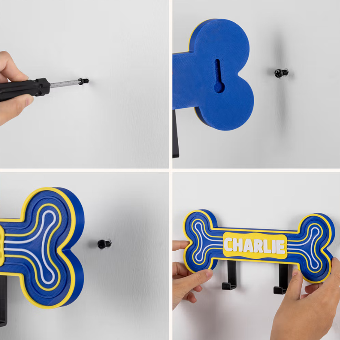 Personalized 3D Printed Bone-Shaped Pet Leash Holder with Name Home Entryway Decor Walk the Dog