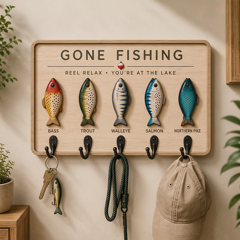 Personalized Family Fishing Key Holder Fish Key Rack Fisherman Gift Lake House Wall Decor Gone Fishing Key Organizer