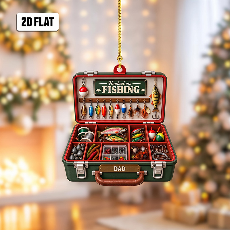 Personalized Fishing Tackle Box 2D Flat Ornament, Custom Name Christmas Ornament for Dad Fisherman Ornament Fishing Dad Ornament Gifts for Him