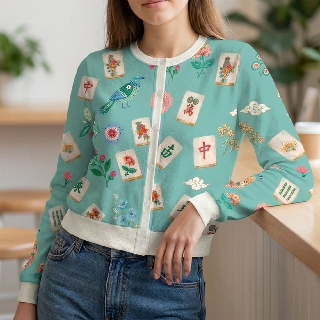 Retro Mahjong Women Crew Neck Cardigan Sweaters Chinoiserie Pattern Asian Art Short
