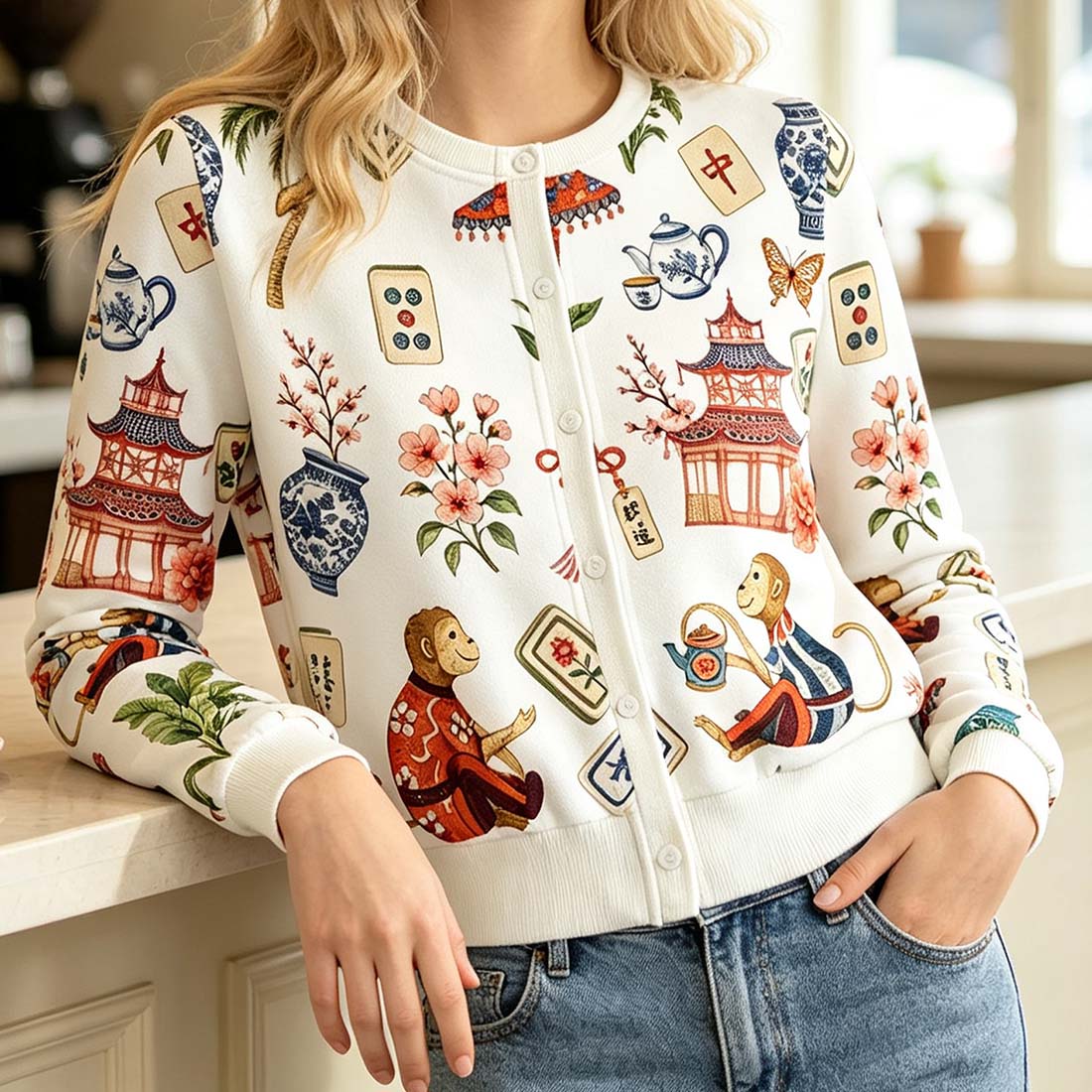 Preppy Chinoiserie Mahjong Women Crew Neck Cardigan Sweaters Chinoiserie Pattern Asian Art Short