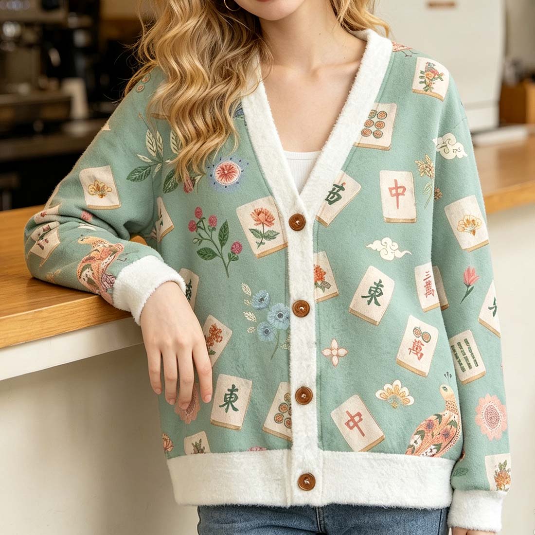 Retro Mahjong Women Light Knit Unisex Cardigan Sweaters Chinoiserie Pattern Asian Art Short