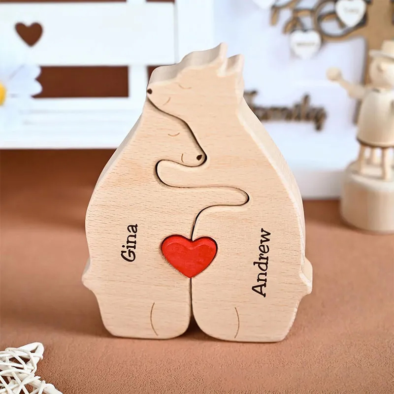 Personalized Carved Wooden Bear Family Jigsaw Puzzle, Wood Bear Figurines, Hugging Bear Family Keepsake Gift for Parents, Christmas Bear Decor