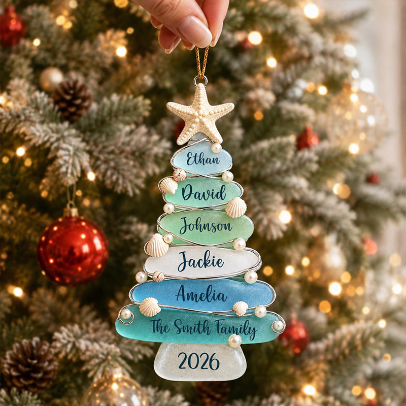 Personalized 2D Sea Glass Tree Family Ornament Coastal Christmas Keepsake Beach Holiday Decor Custom Family Names Gift Ornament