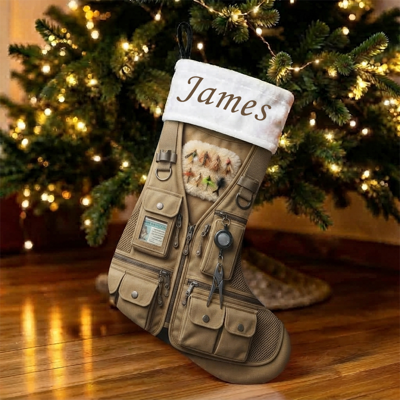 Personalized Fly Fishing Vest Christmas Stocking, Custom Name Fishing Tackle Print Xmas Stocking with White Sherpa Cuff, Lake House Christmas Decor Gift for Fisherman Angler